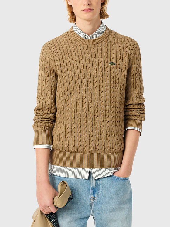 Памучен плетен пуловер с оавално деколте - 1