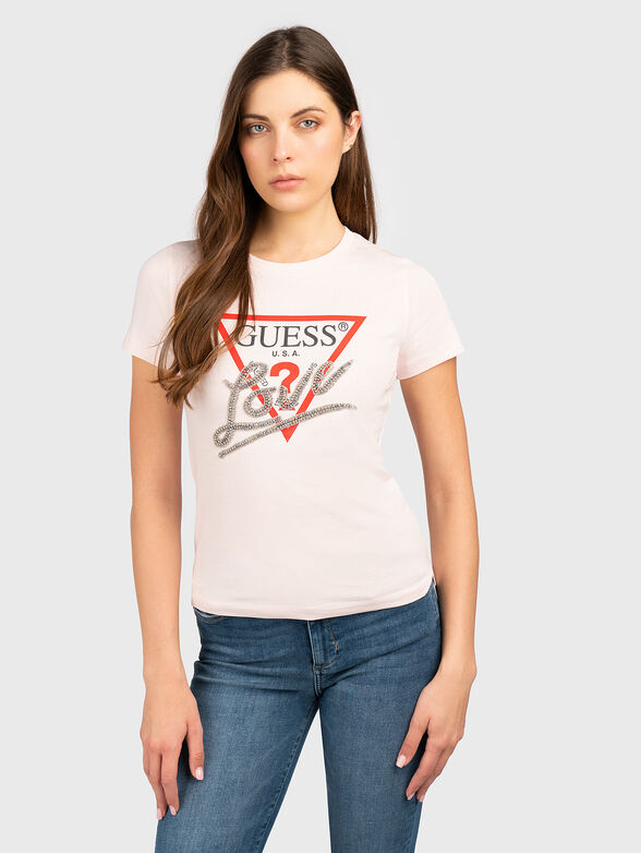 Cotton T-shirt with logo print and rhinestones - 1