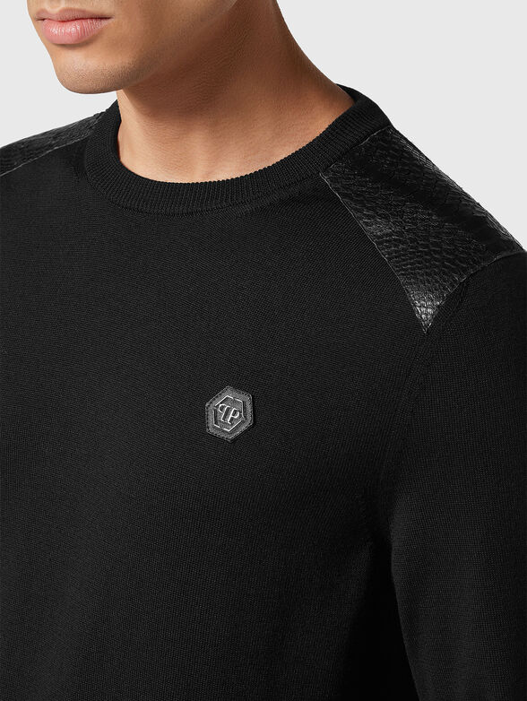 Sweater with leather details in merino wool  - 4