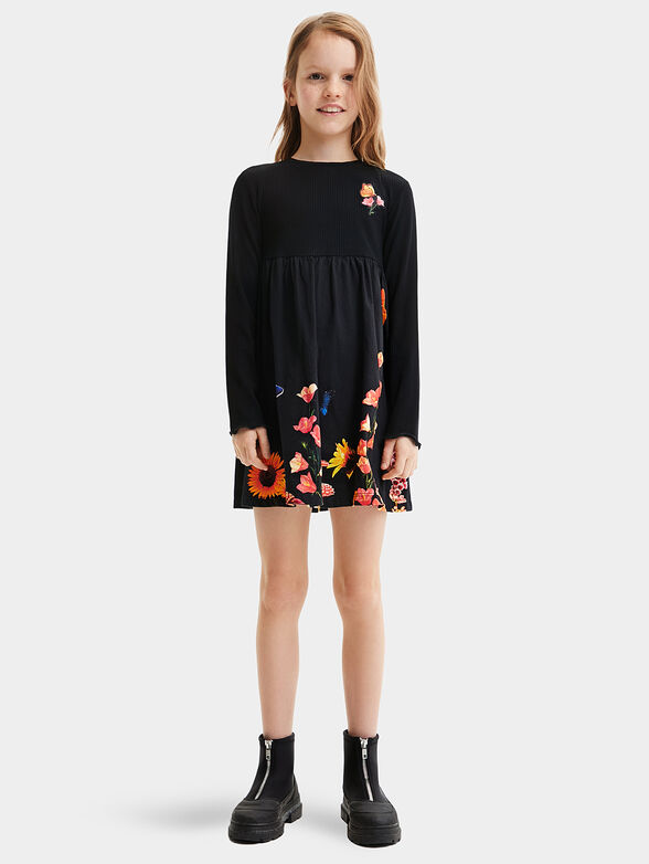 Black dress with long sleeves and floral print - 1