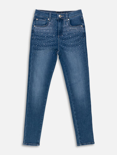 Dark blue jeans with applied rhinestones - 1