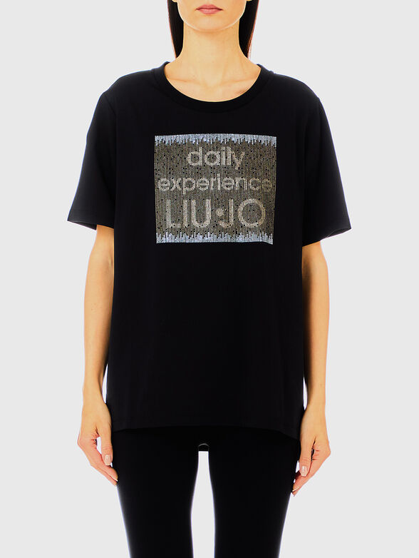 Black t-shirt with the inscription of rhinestones - 1