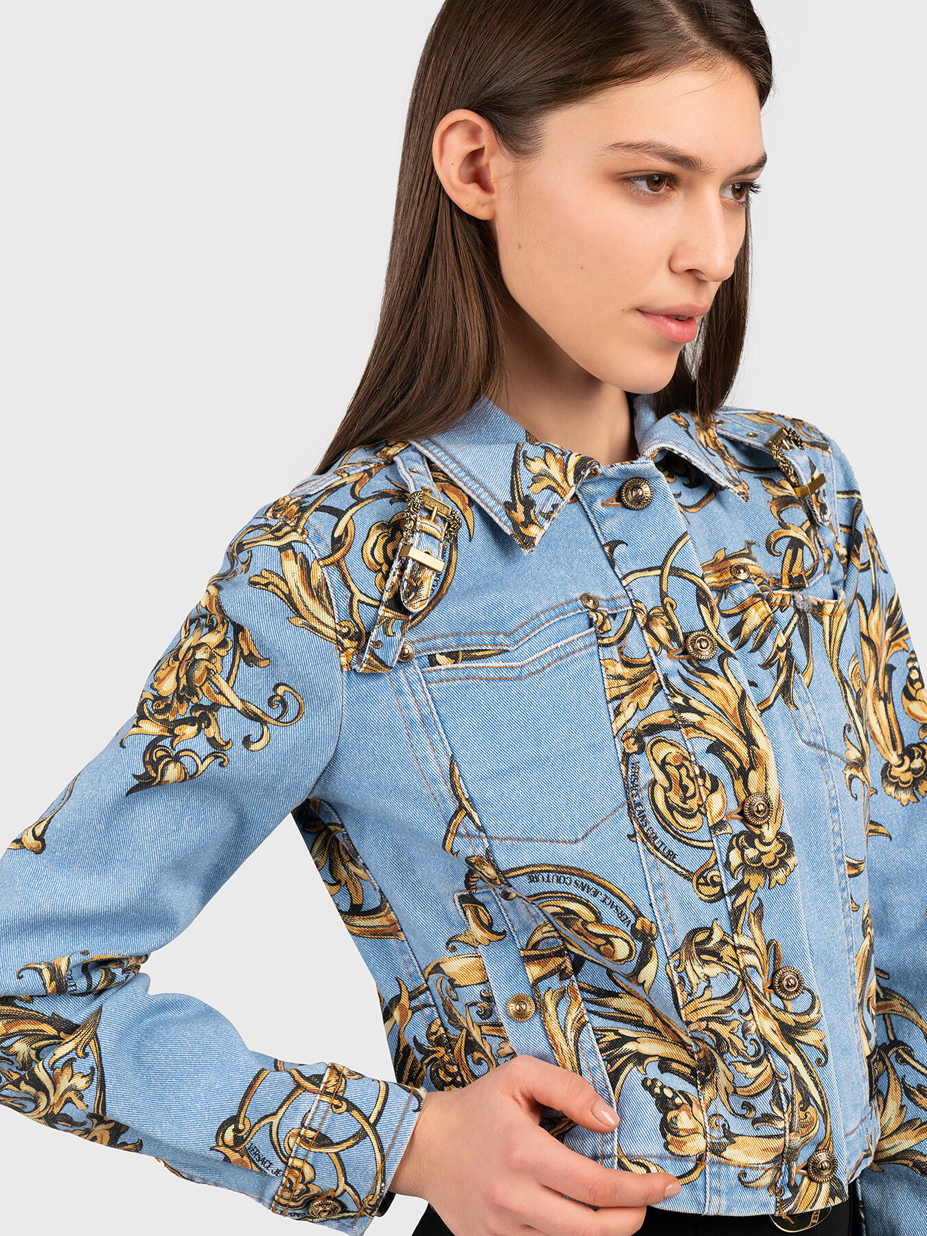 Denim jacket with baroque print brand VERSACE JEANS COUTURE Globalbrandsstore en