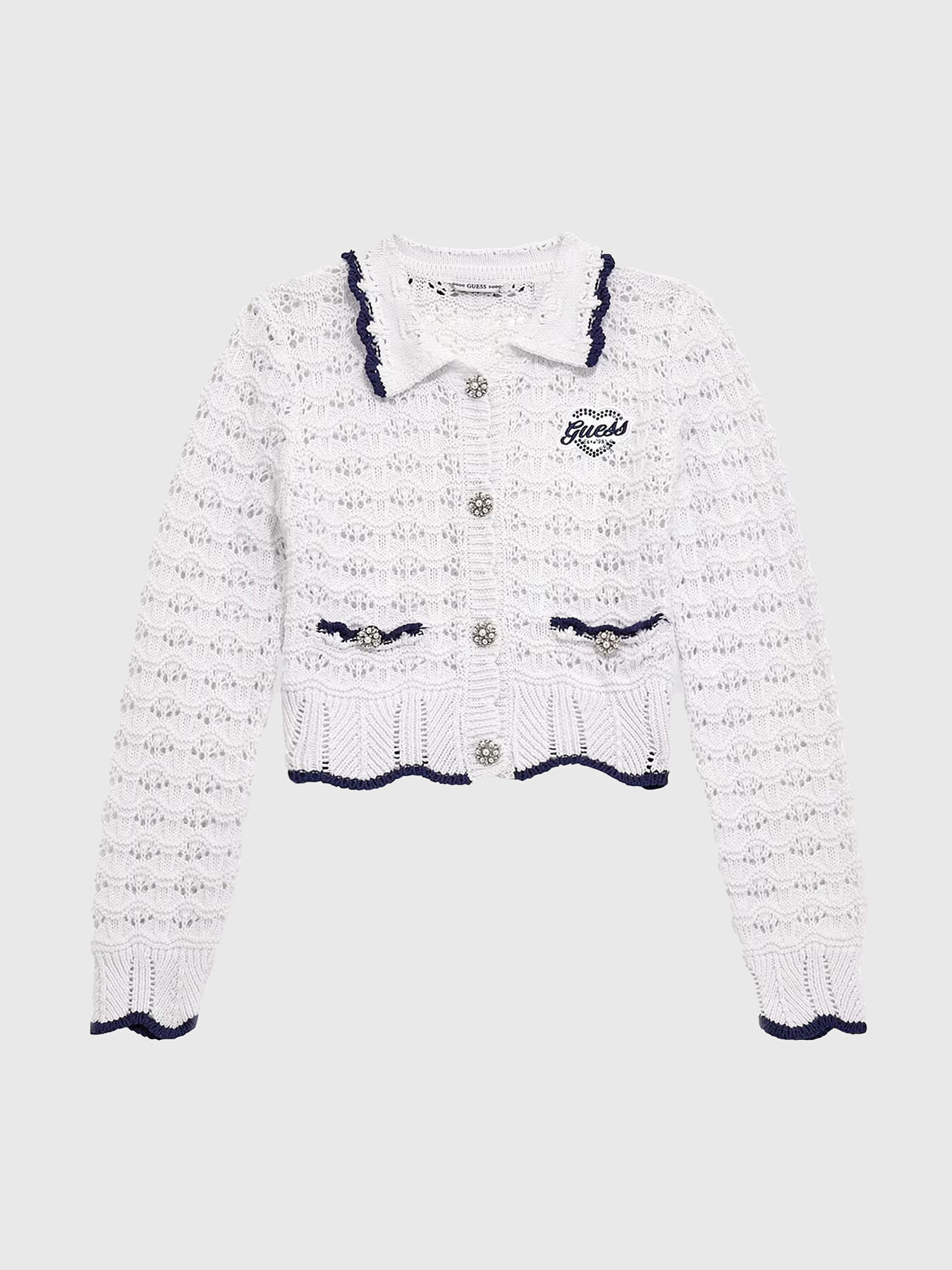 Cardigan with openwork motifs and accent buttons brand GUESS Globalbrandsstore en