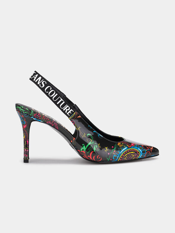 Printed high heeled shoes with branded strap - 1