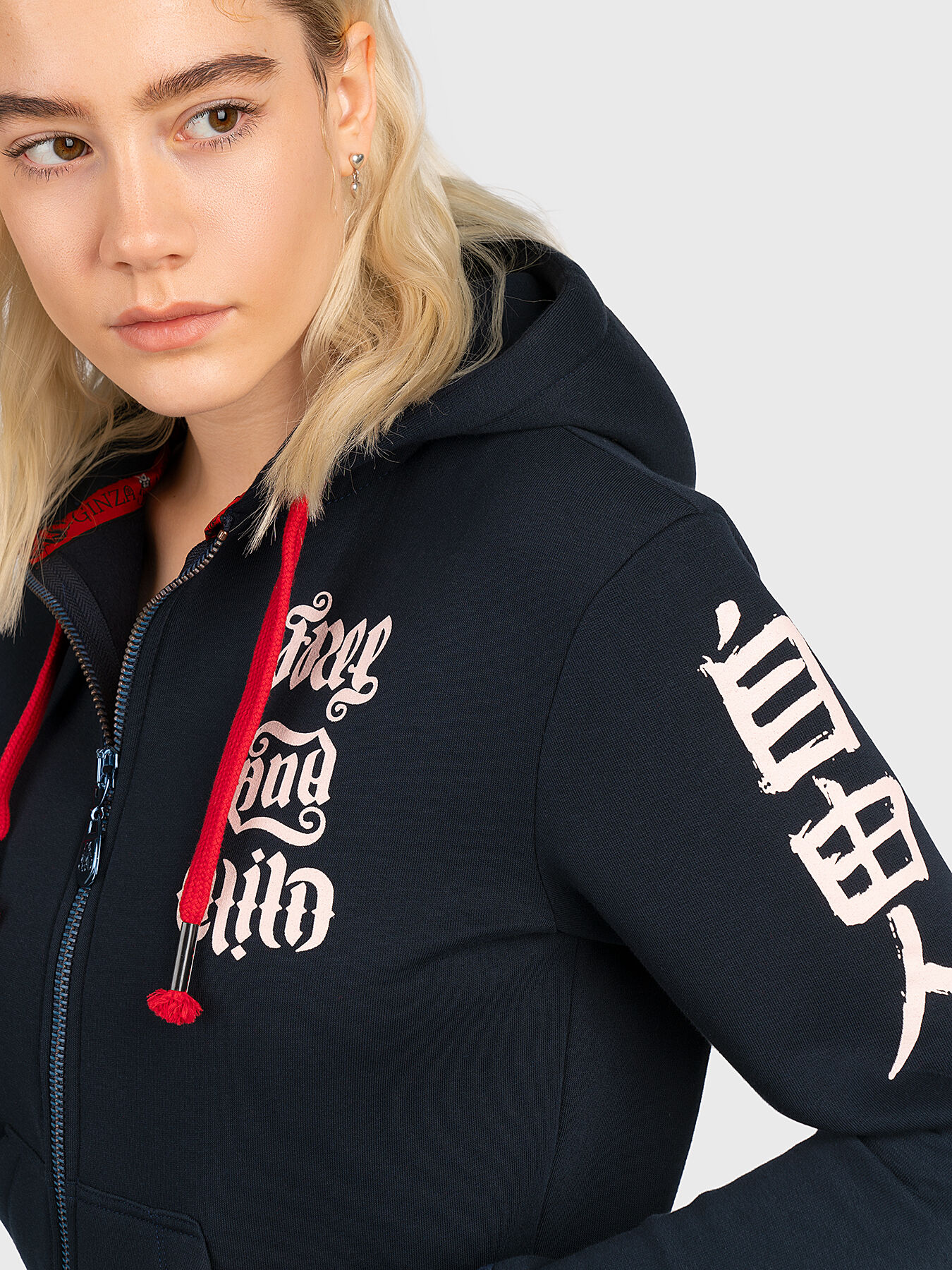 HLZ011 black sweatshirt with zip and hood brand GINZA MODE