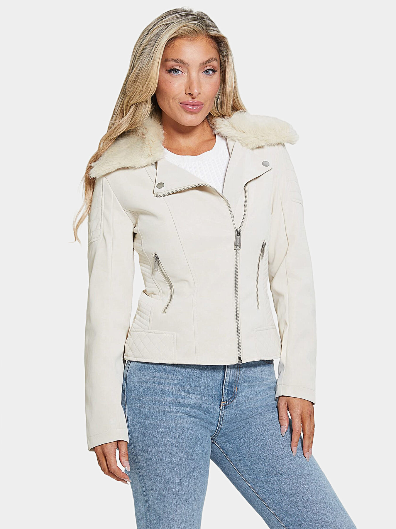 Guess leather jacket with faux fur collar shop