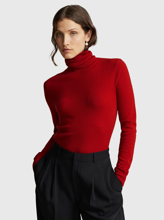 Кашмирен пуловер с поло яка в червено  - 1
