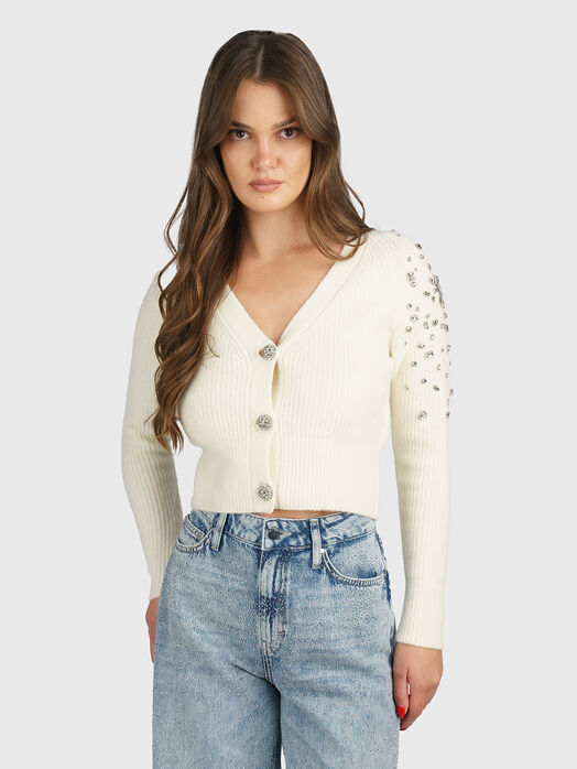 Cropped wool blend cardigan with rhinestones