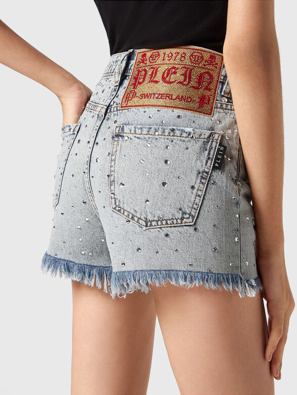 Denim shorts with appliqued rhinestones - 3