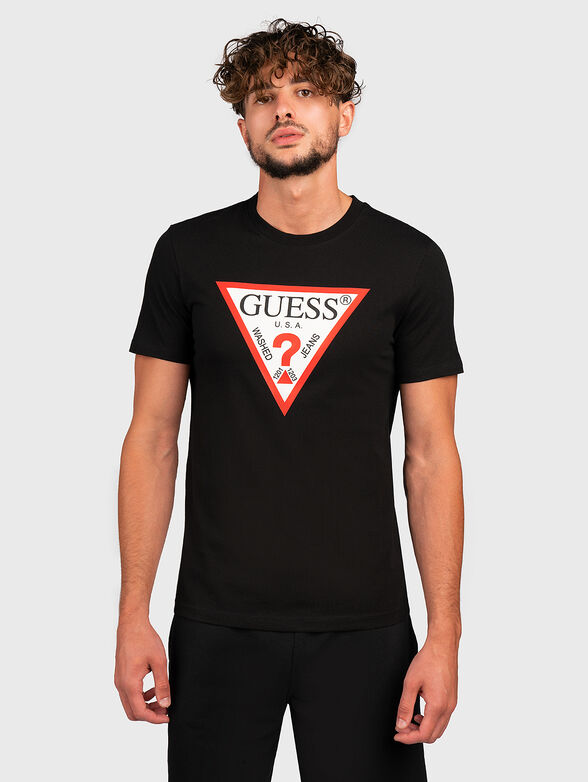 Black cotton T-shirt with triangular logo accent - 1