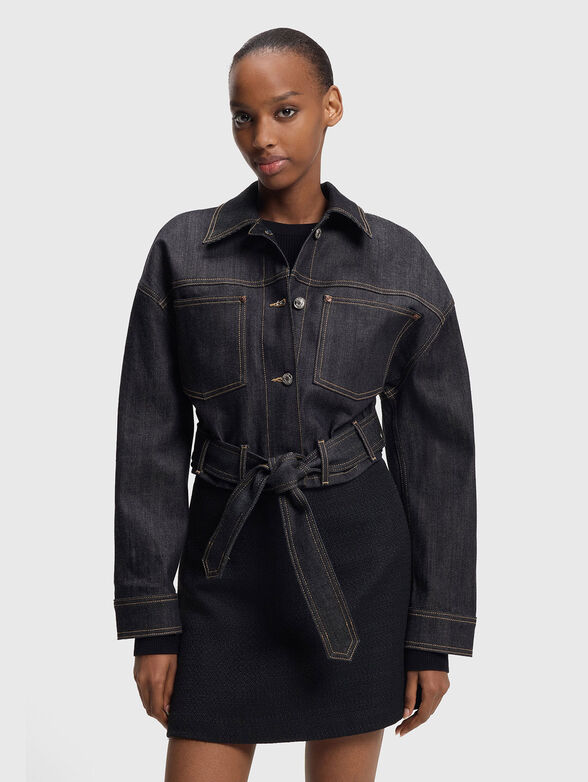 Cropped denim jacket with belt - 1