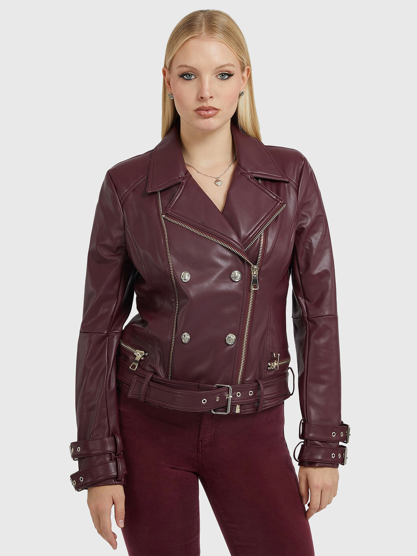 Guess maroon leather jacket sales