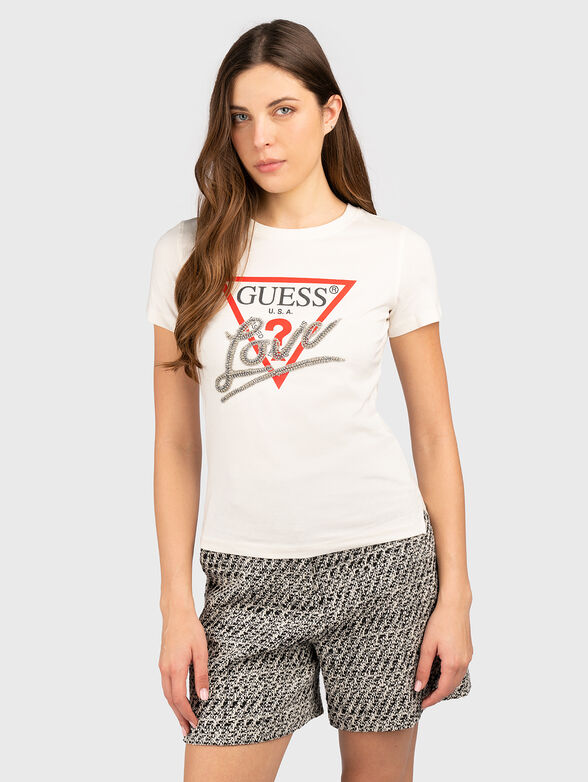 Cotton T-shirt with logo print and rhinestones - 1