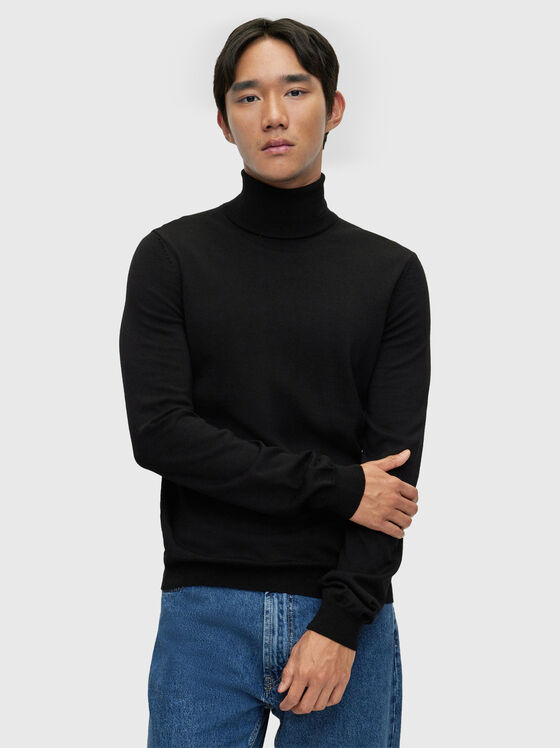 Черен пуловер с поло яка  - 1
