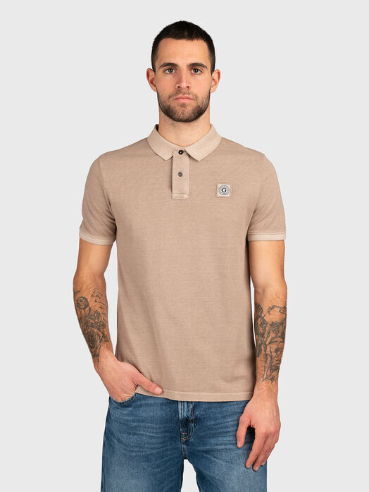 Beige cotton polo shirt with logo patch