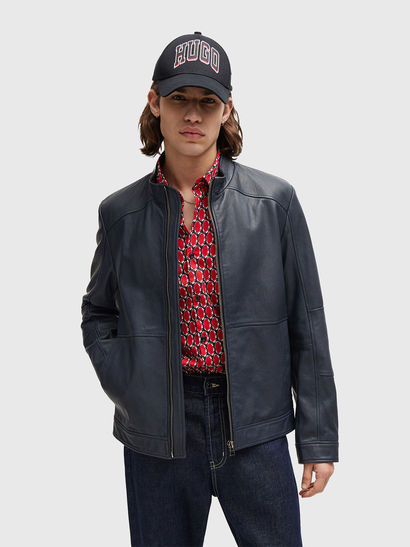 LOKIS2 dark blue leather jacket brand HUGO Globalbrandsstore en