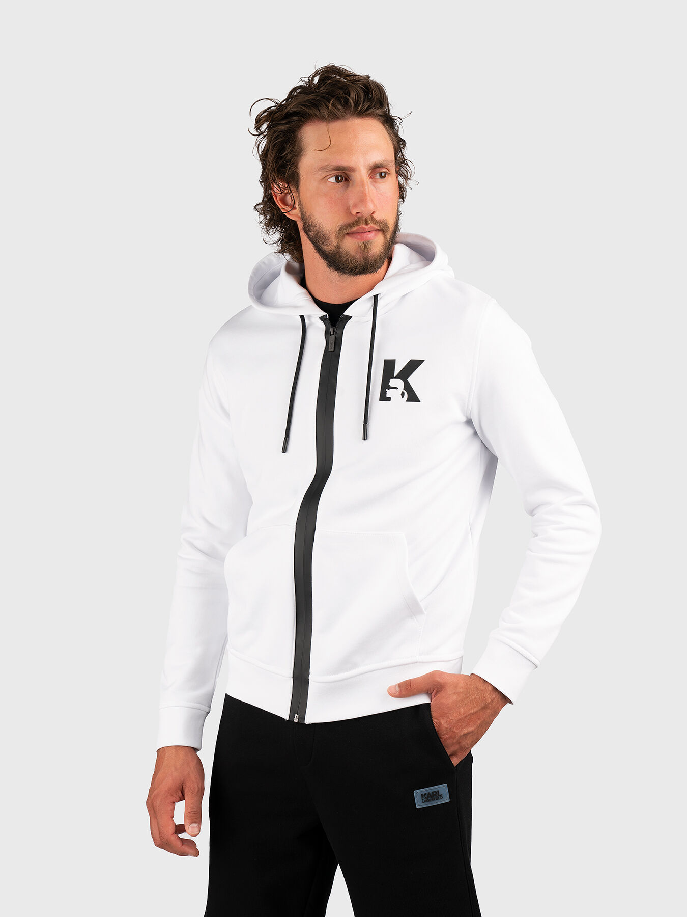 White sweatshirt with contrast zip and logo brand Karl Lagerfeld Globalbrandsstore en