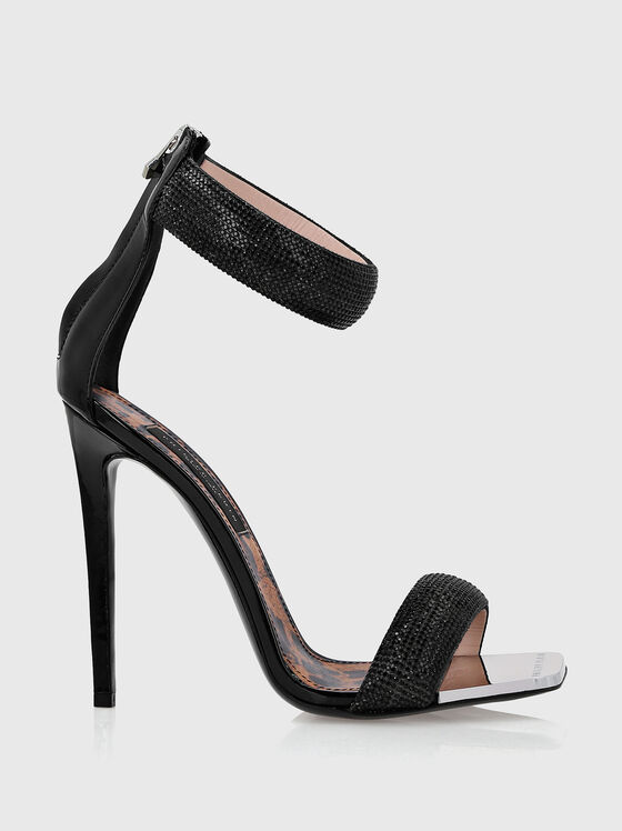 Black leather heeled sandals with rhinestones - 1