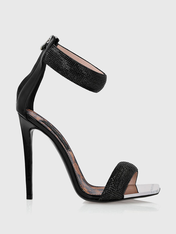 Black leather heeled sandals with rhinestones - 1