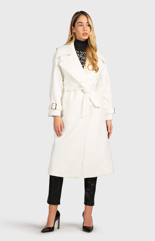 Палто с колан и еполети в бял цвят - 1