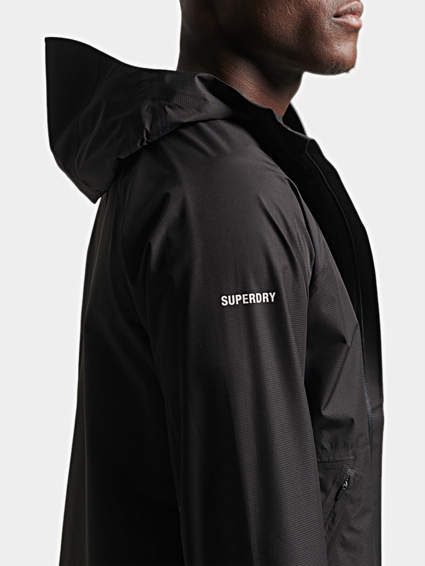 Black waterproof jacket with zip and hood brand SUPERDRY