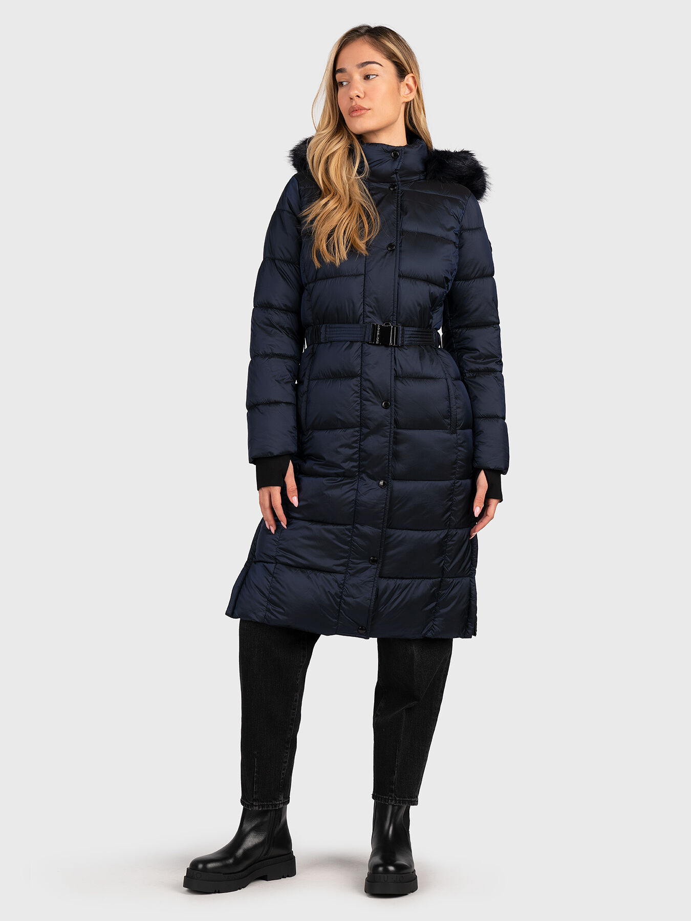 Hooded long jacket in dark blue color with belt brand MICHAEL KORS Globalbrandsstore en