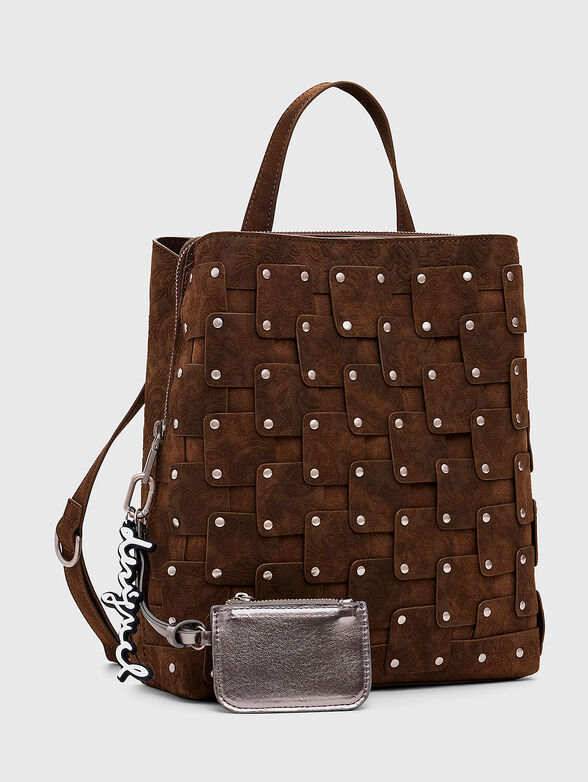 Faux leather backpack with woven texture - 4