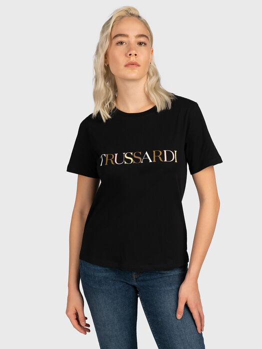 Black T-shirt with multicolor logo print