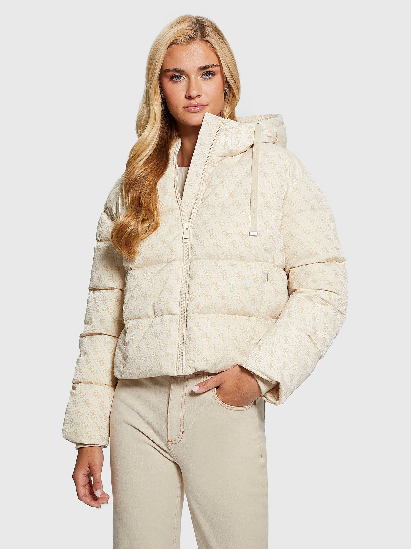 DAISY black puffer jacket with monogram print brand GUESS