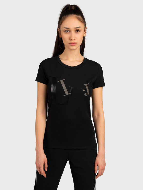 Black T-shirt with applied rhinestones - 1