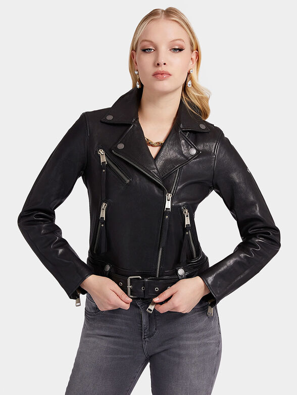 CAMILLE black leather jacket with belt - 1