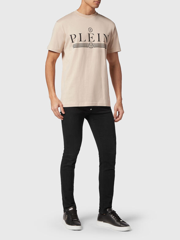 Cotton beige T-shirt with contrasting logo print - 2