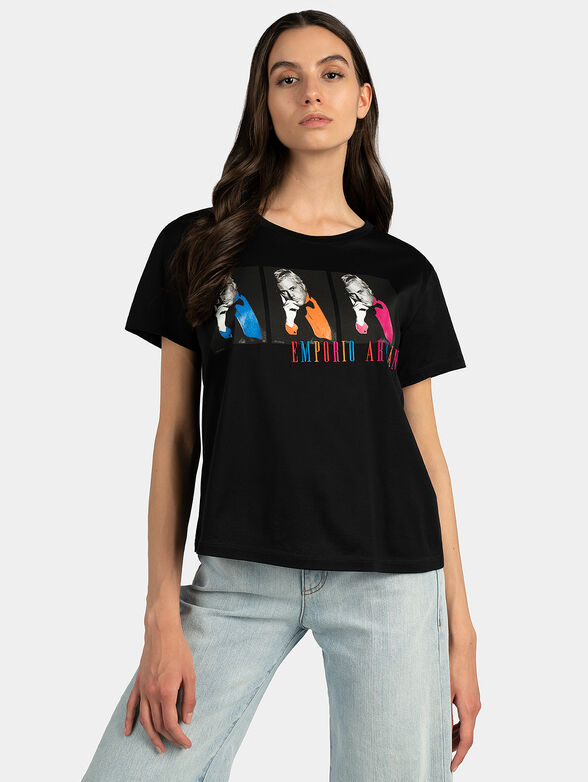 Black cotton t-shirt with print and logo embroidery - 1