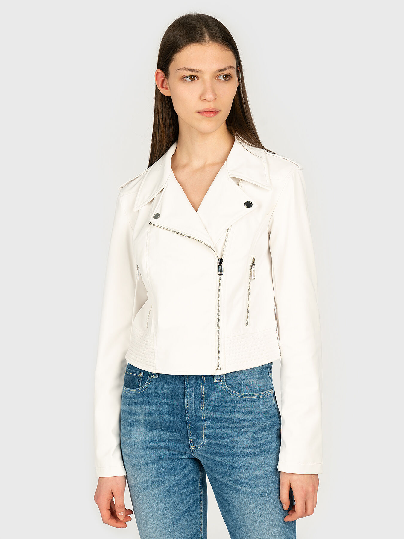 White guess leather jacket deals