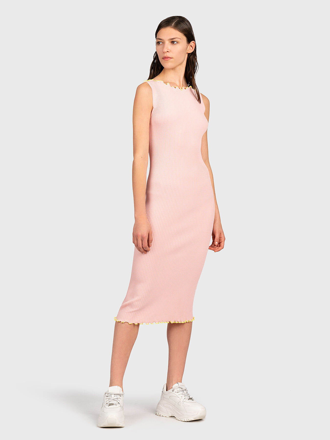 Ribbed midi dress with neon frills 