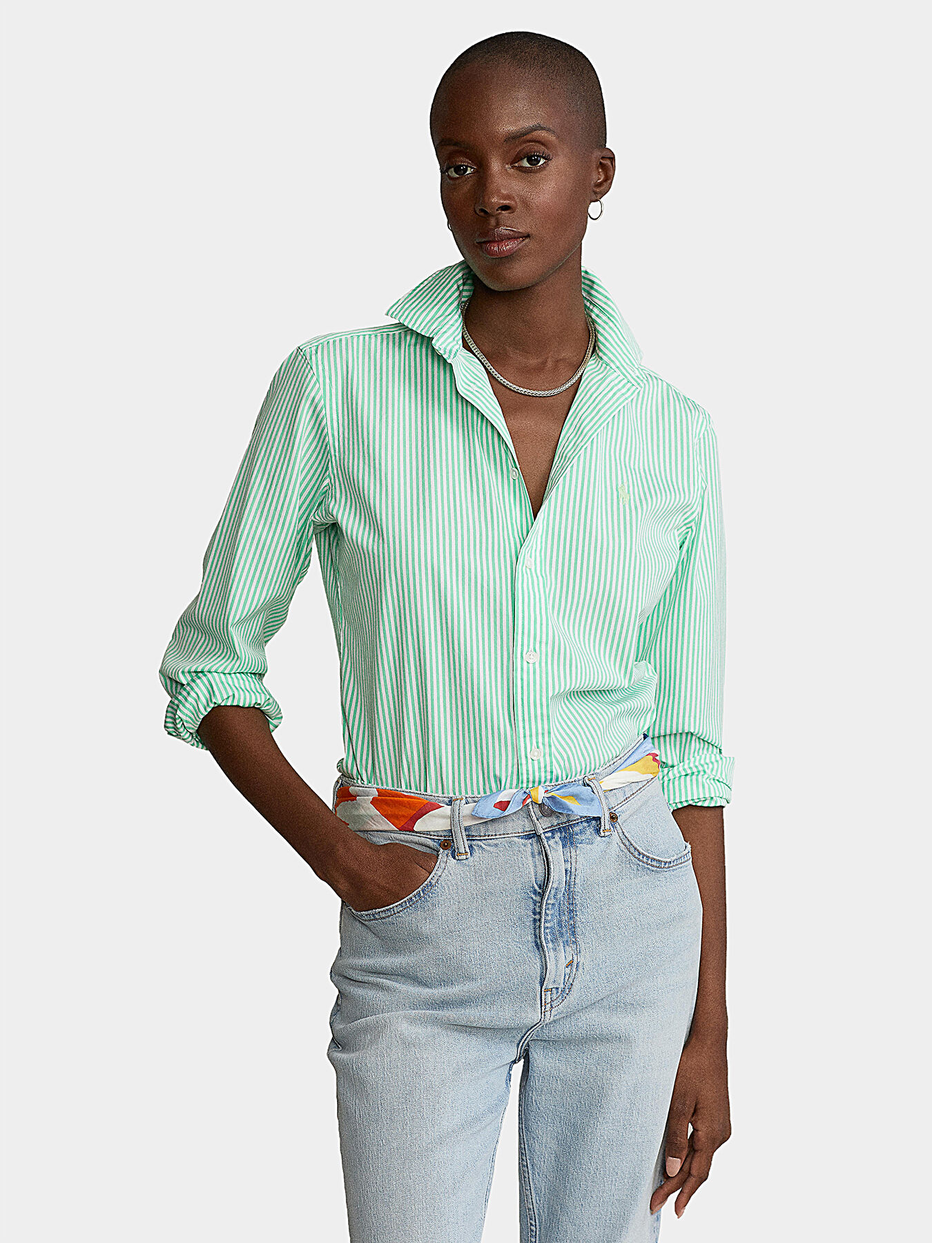 Green striped polo shirt discount