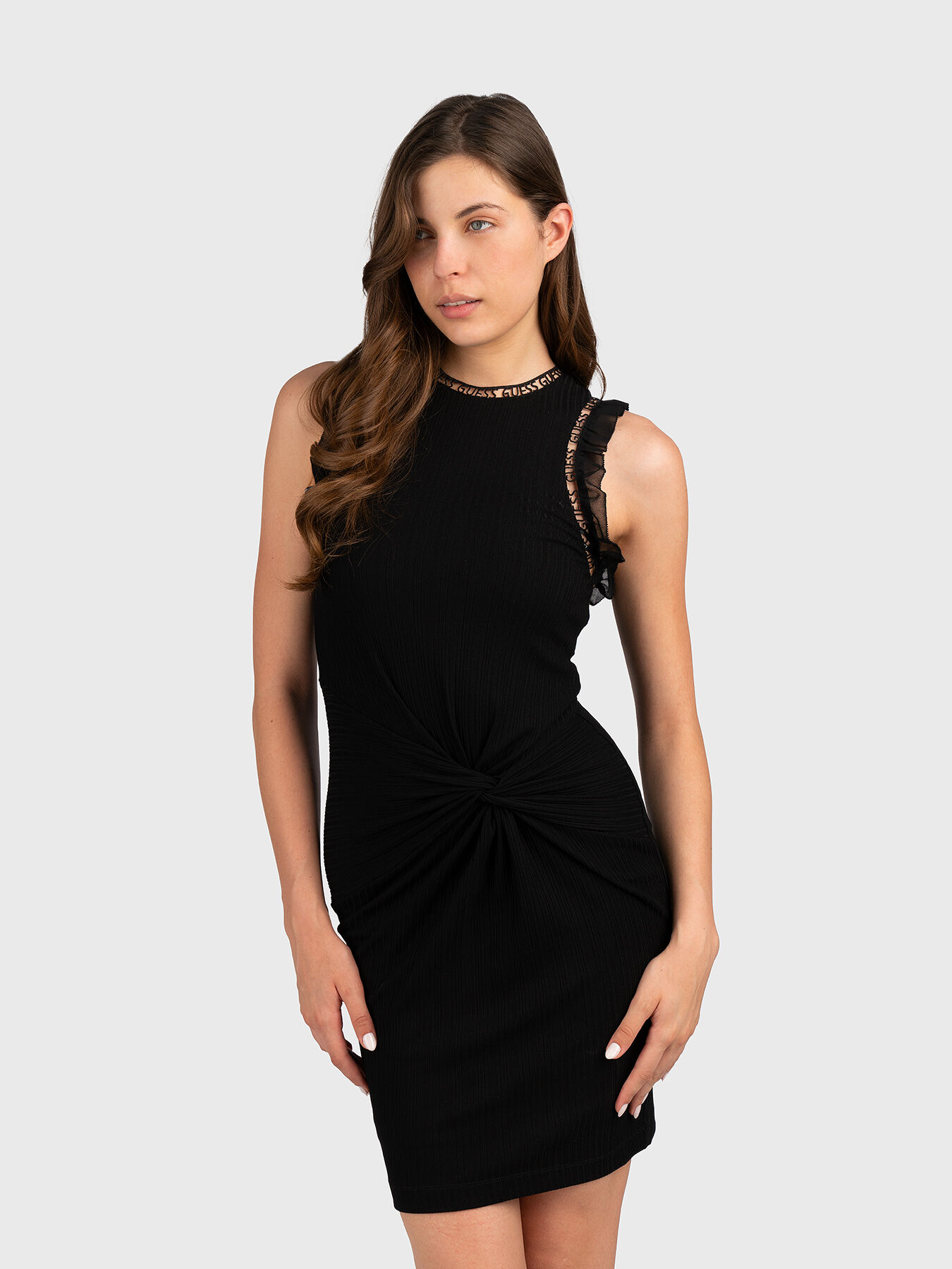 OLGA black dress with ruffled accent and logo lace brand GUESS Globalbrandsstore en