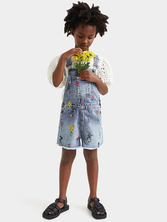 Denim jumpsuit with floral embroideries - 1