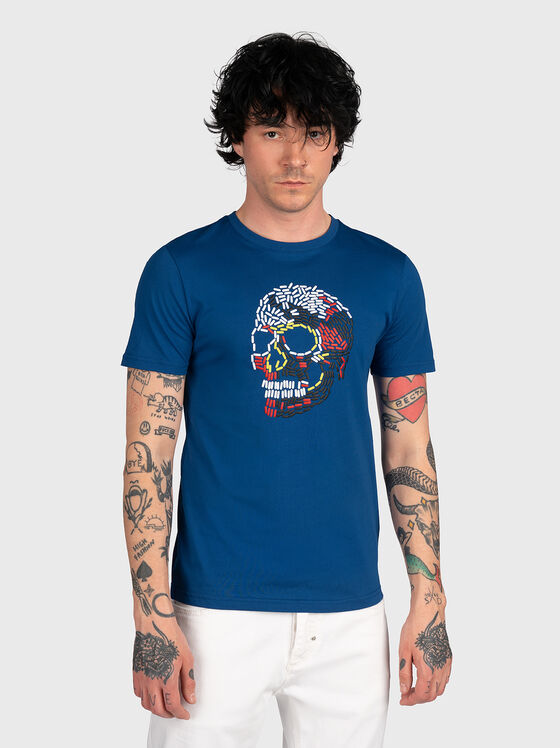 Синя памучна тениска с принт - 1