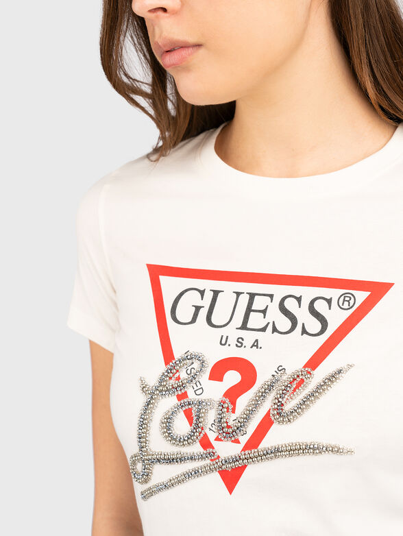 Cotton T-shirt with logo print and rhinestones - 4