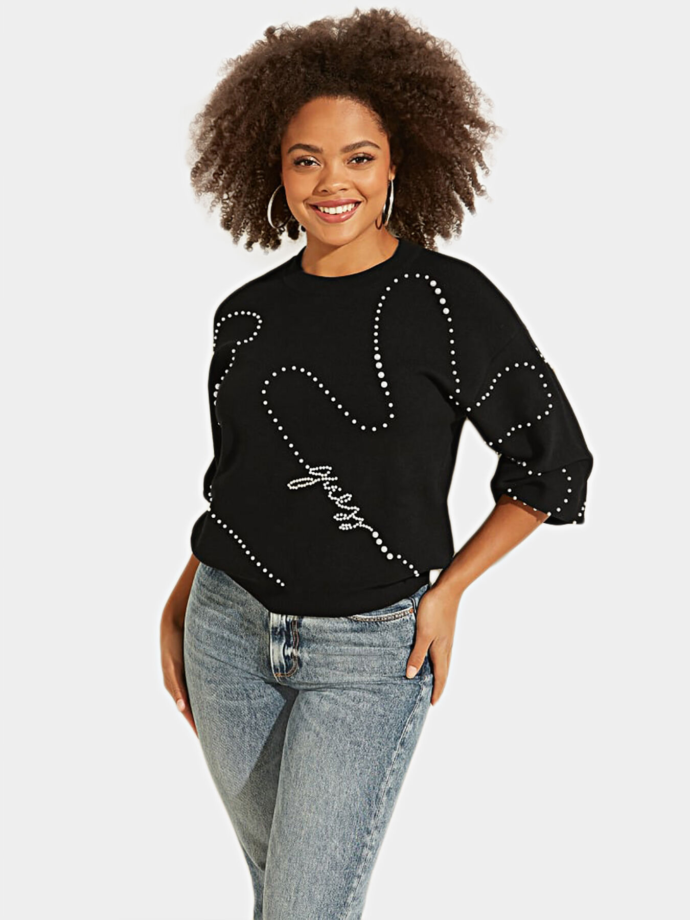 Black sweater with pearls cheap