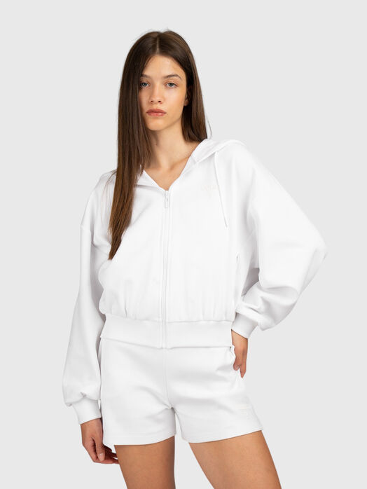 White sweatshirt with a statement on the back