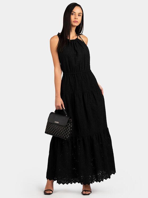 Дълга черна рокля с флорални бродерии - 1