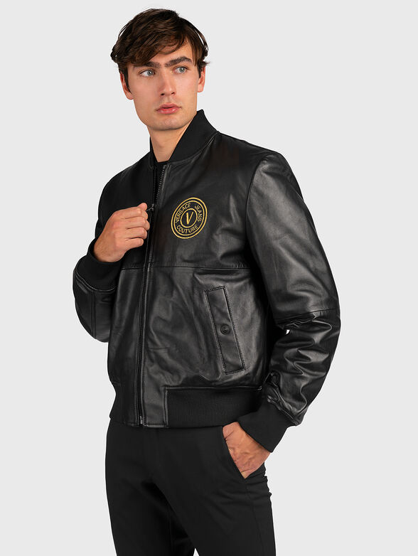 Leather jacket with embroidered logo - 1