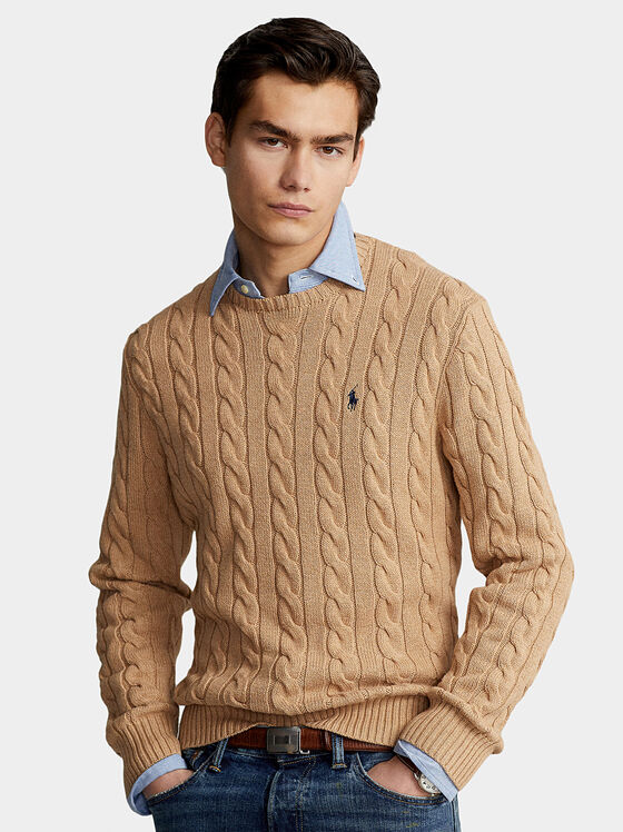 Пуловер в бежов цвят с лого  - 1