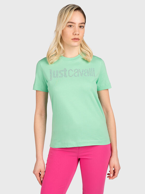 Зелена памучна тениска с бляскав лого акцент - 1