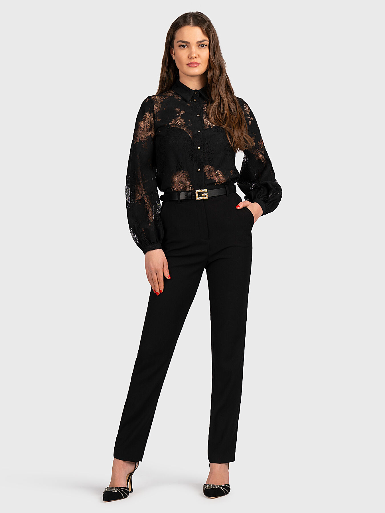 【SALE／55%OFF】 Black shirt JO LIU brand accents lace with トップス