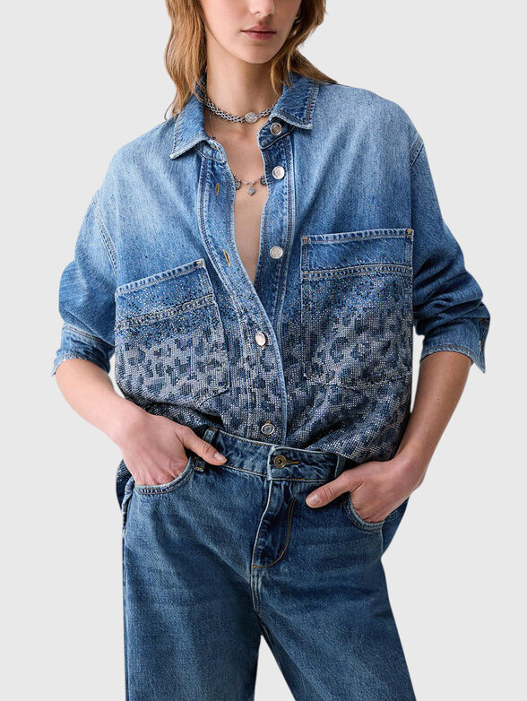 Overshirt in denim with rhinestones animal print - 1