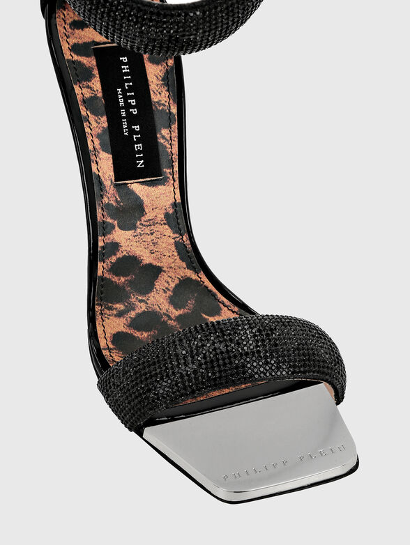 Black leather heeled sandals with rhinestones - 4